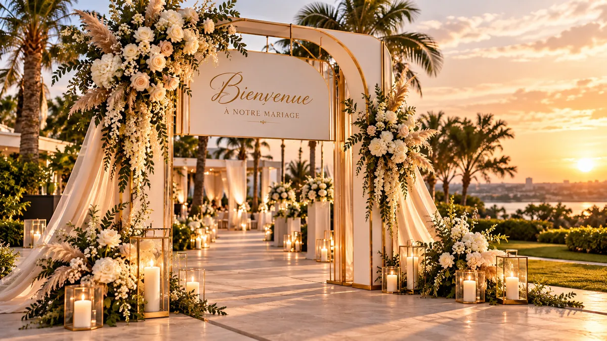 Arche fleurie « Bienvenue » à l’entrée d’une réception au coucher du soleil