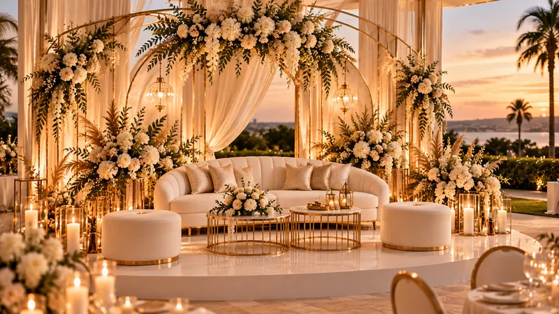 Salon nuptial doré et fleuri, installé face à la mer au coucher du soleil